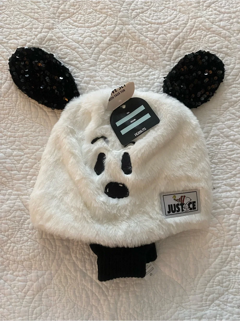 Justice White Faux Fur Panda Beanie with Black Sequin Ears and Black Gloves